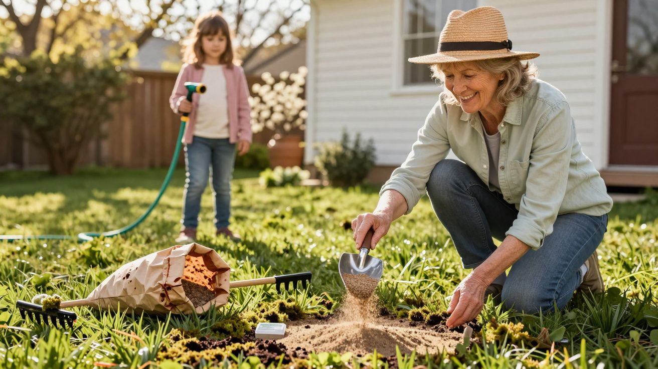 Mulher com chapéu a plantar flores no jardim enquanto criança observa com mangueira na mão.