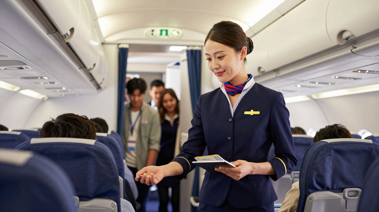 Comissária de bordo asiática de uniforme a entregar bilhete a passageiro num avião cheio.