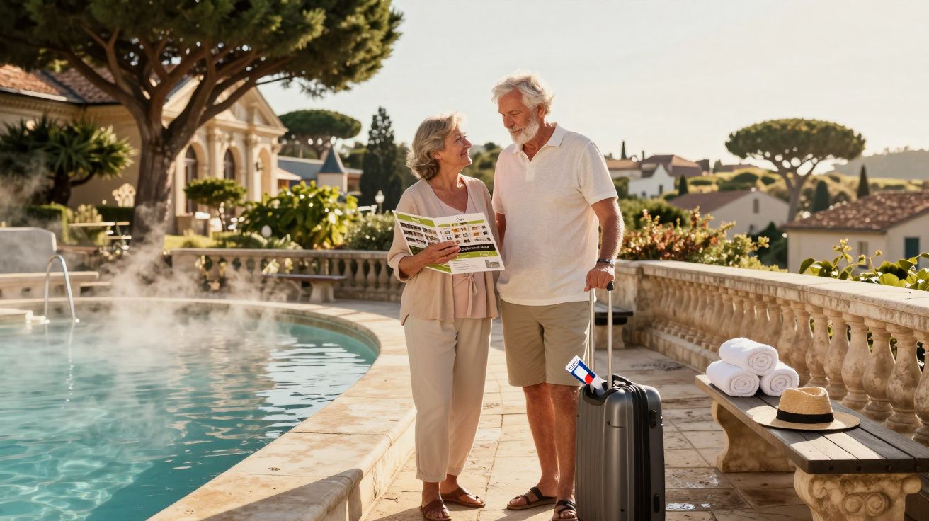 Casal sénior junto à piscina de um hotel, com mala de viagem e mapa na mão, sorrindo ao sol.
