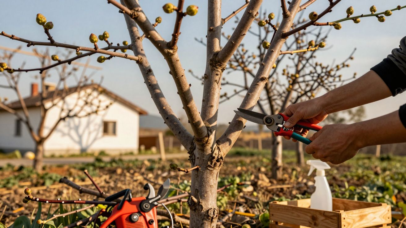 Pessoa a podar ramos novos de uma árvore num pomar ao entardecer, com ferramentas de jardinagem ao lado.