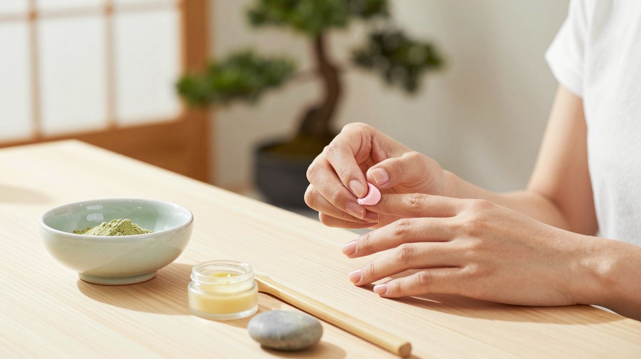 Mãos femininas aplicam máscara facial em tablete, com tigela de pós, creme e pedra sobre mesa de madeira clara.