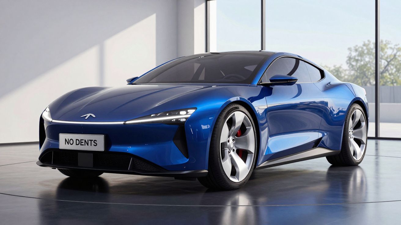 Carro desportivo elétrico azul brilhante estacionado em espaço interior moderno com janelas grandes.