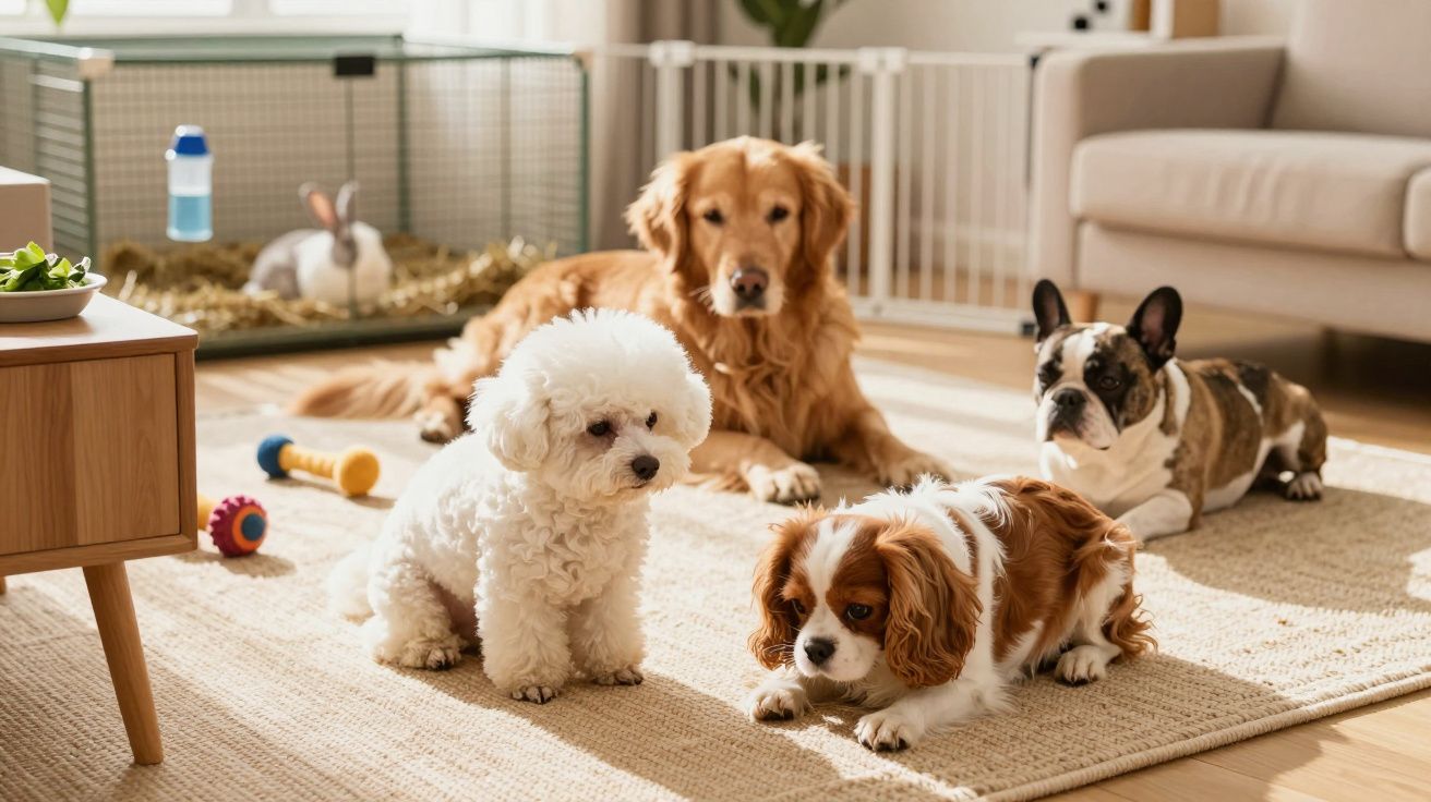 Quatro cães de raças diferentes e um coelho numa sala iluminada e acolhedora.