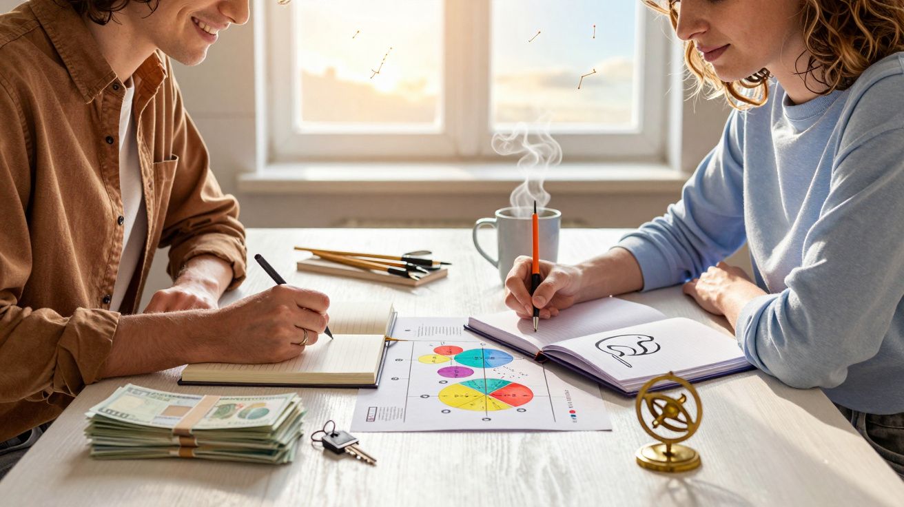 Duas pessoas sentadas à mesa a tomar notas, com gráficos, dinheiro e chaves sobre a mesa iluminada pela janela.