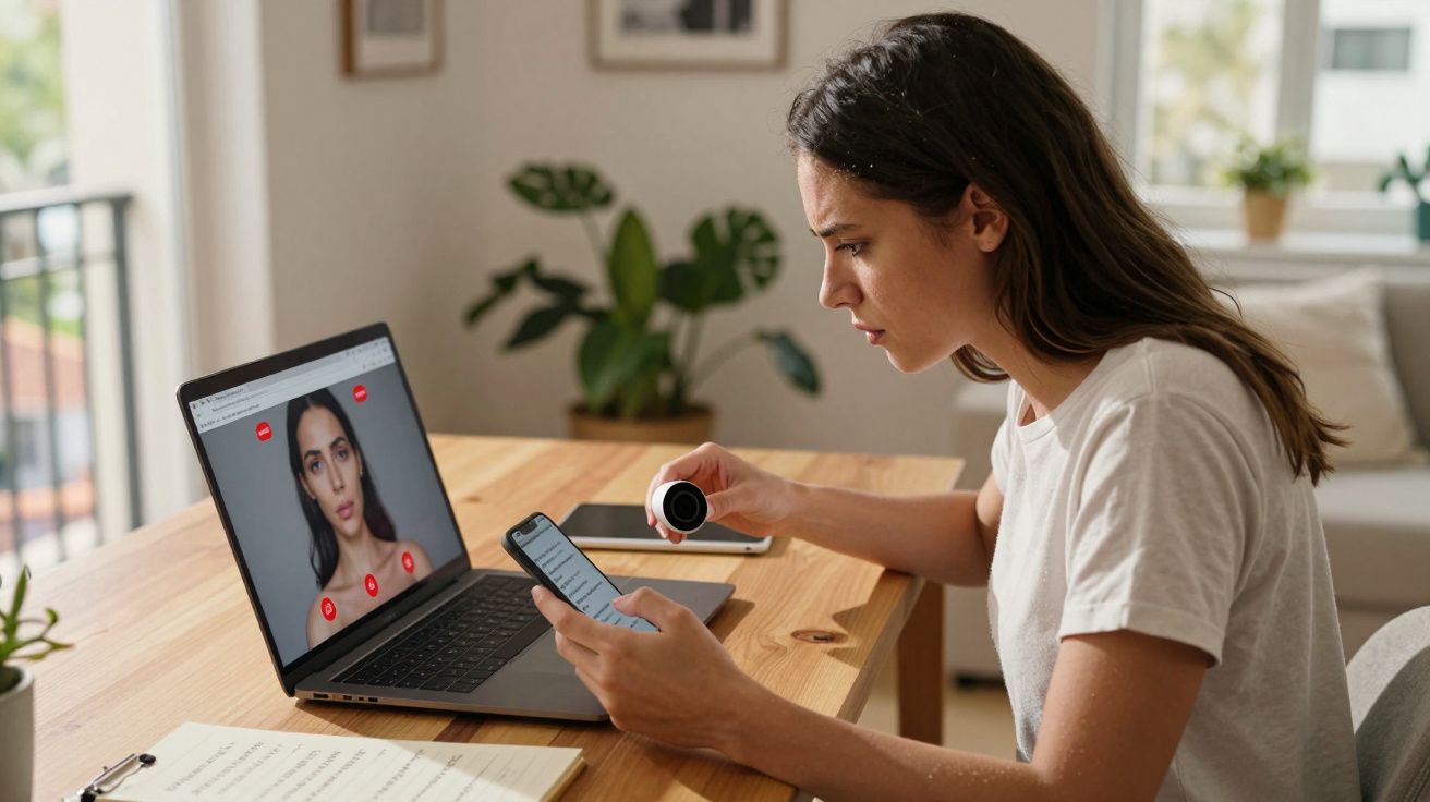 Mulher usando ferramenta digital de análise facial no portátil com smartphone e câmara numa mesa de madeira.