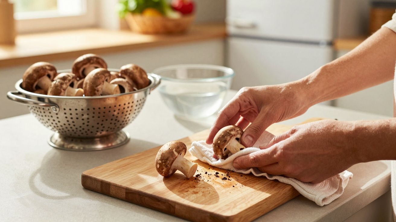 Mãos a limpar cogumelos castanhos sobre tábua de cortar, com escorredor metálico cheio de cogumelos na bancada.
