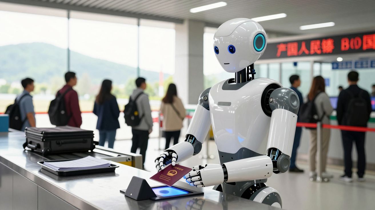 Robô a verificar passaporte numa área de controlo de fronteira com pessoas em fila ao fundo.