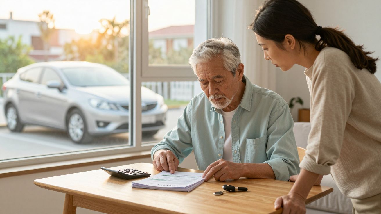 Homem idoso sentado a analisar documentos com mulher ao lado, mesa com calculadora e chaves de carro.