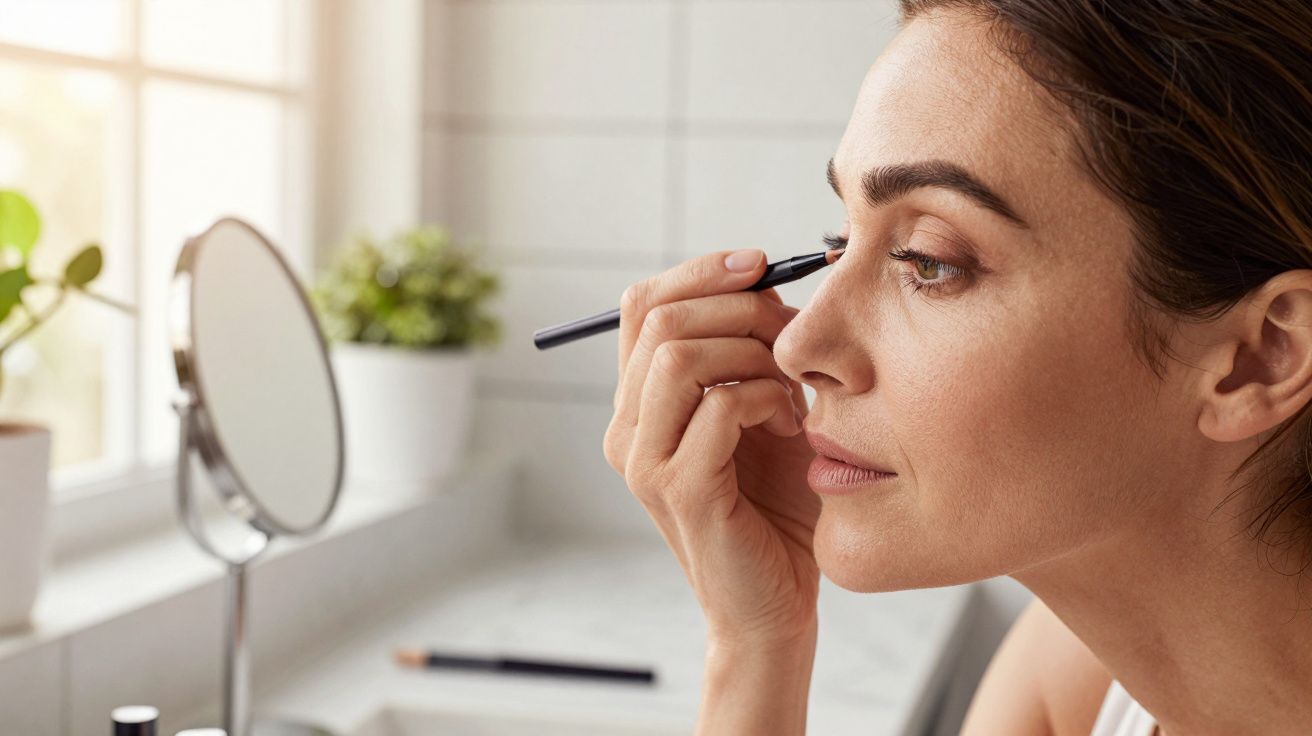 Mulher a aplicar maquilhagem nos olhos com lápis, sentada junto a um espelho numa casa de banho iluminada.