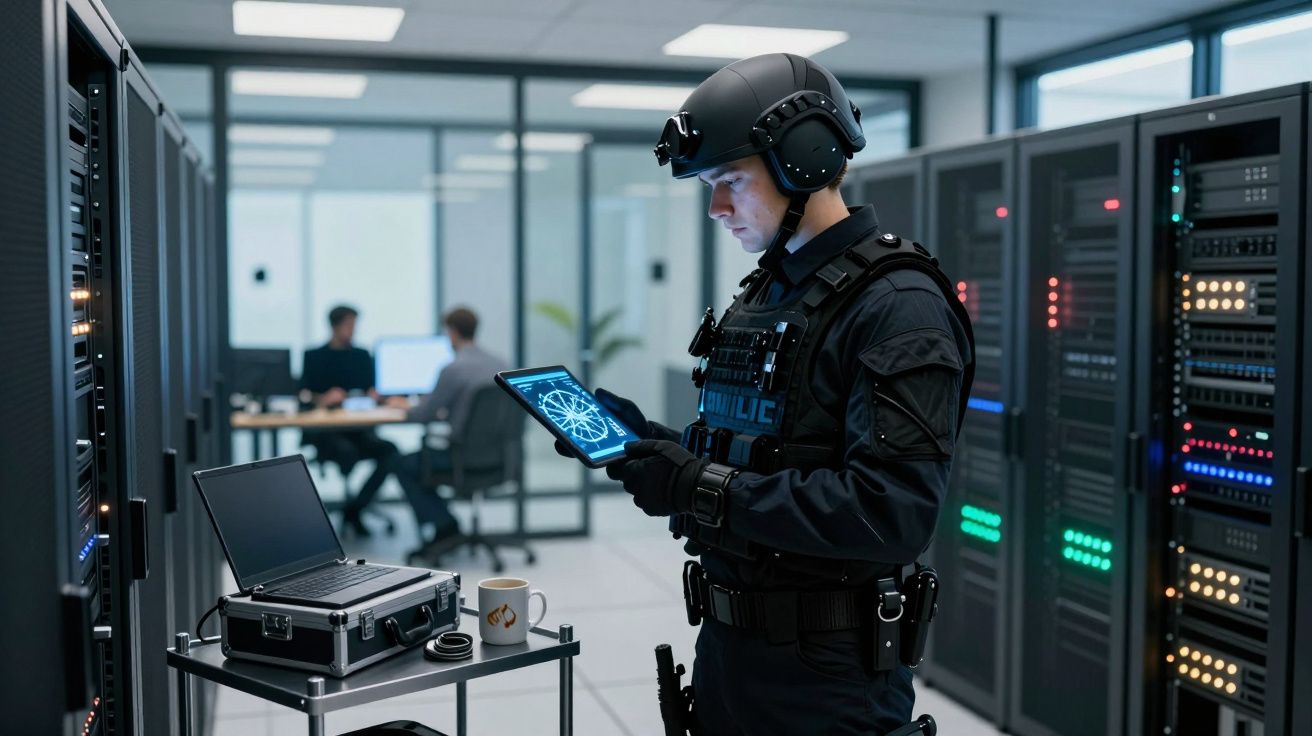 Polícia em uniforme táctico utiliza tablet numa sala de servidores com duas pessoas ao fundo a trabalhar.