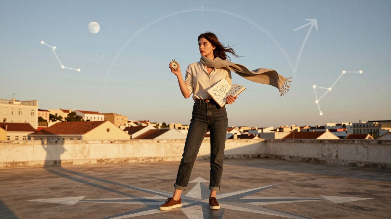Mulher de pé numa rosa dos ventos ao pôr do sol, segurando bússola e livro de astrologia.