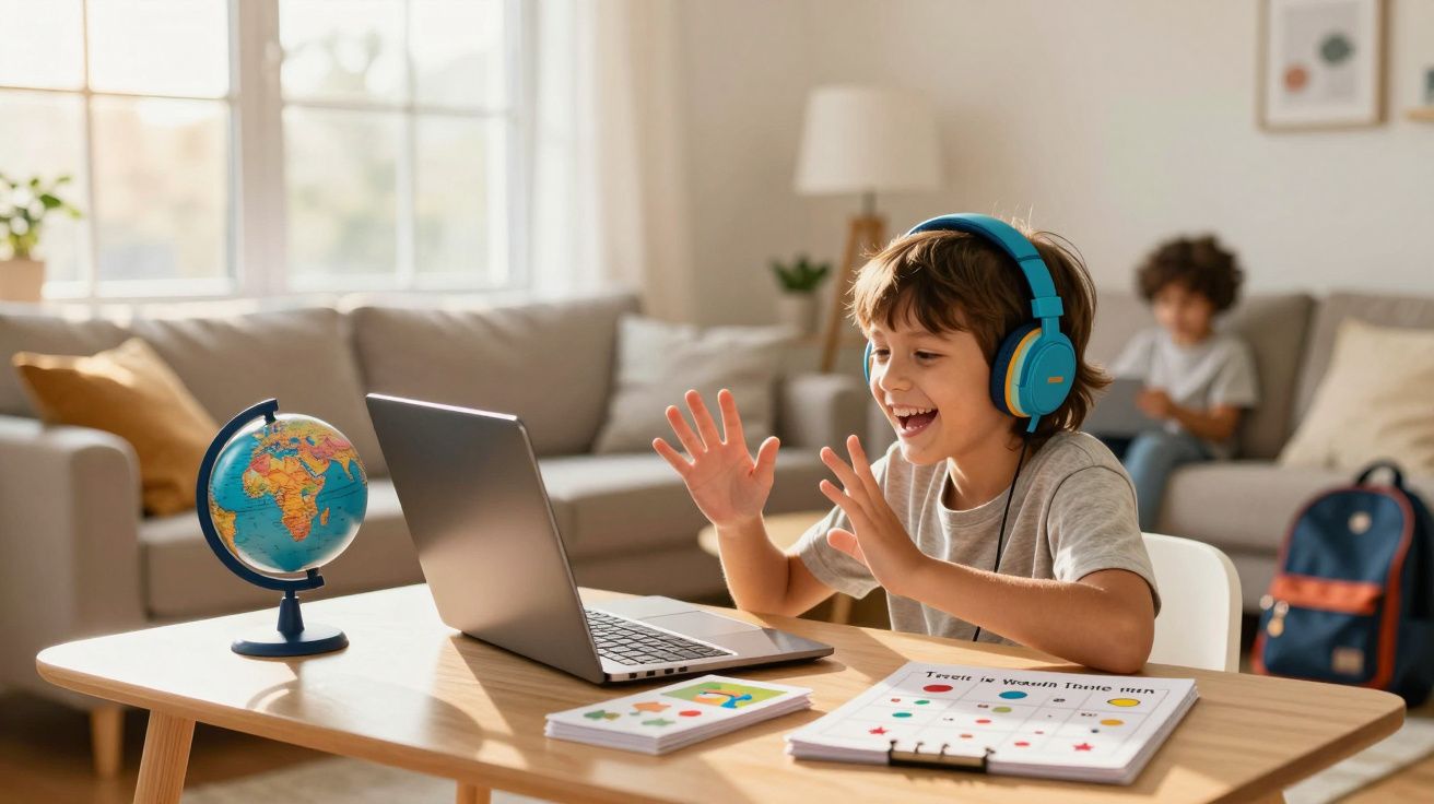 Criança com auscultadores em videoconferência, sorrindo e acenando numa mesa com globo e material escolar.