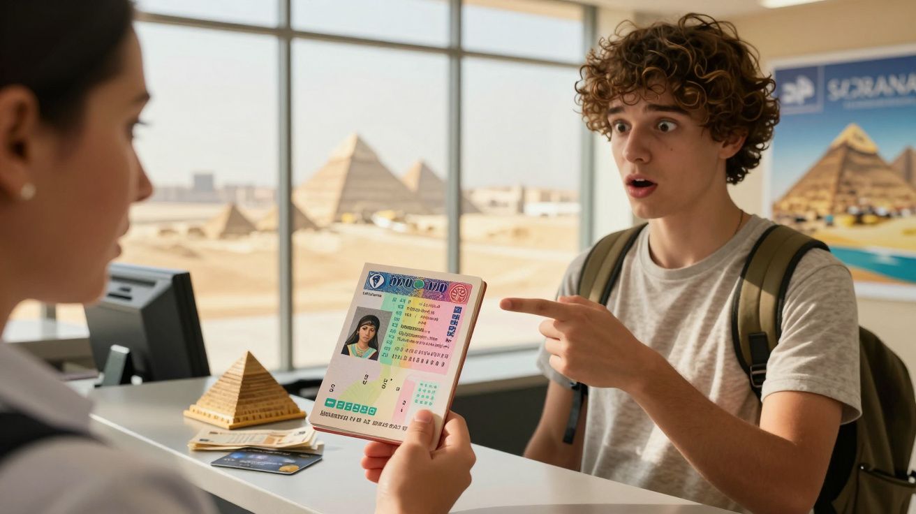 Jovem surpreendido mostra cartão de identidade para funcionária no balcão com pirâmides ao fundo.