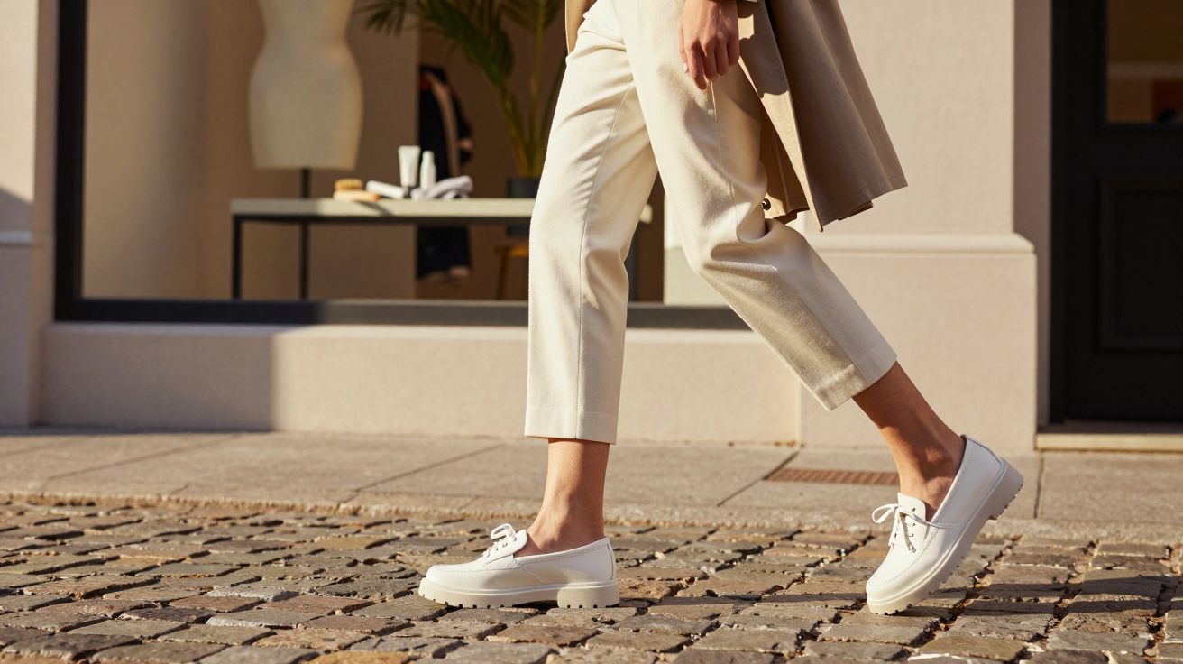 Pessoa a caminhar numa calçada de pedra com sapatos brancos e calças bege claras.