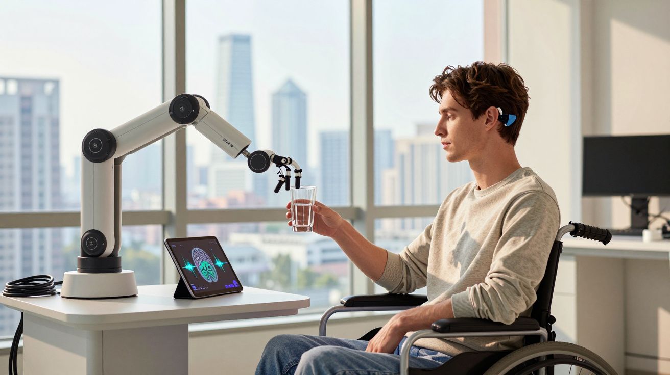 Homem em cadeira de rodas usa braço robótico para lhe entregar um copo de água num escritório moderno.