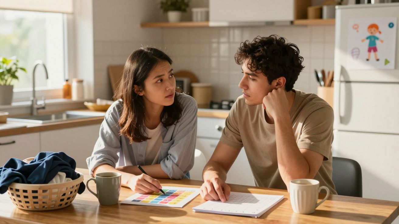 Casal jovem sentado à mesa da cozinha a discutir, com papéis e canecas diante deles.