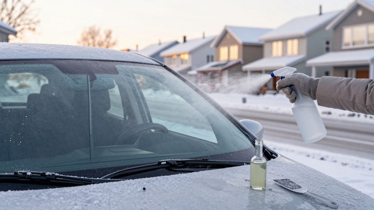 Pessoa a pulverizar líquido na superfície do para-brisas congelado de um carro numa rua com casas cobertas de neve.