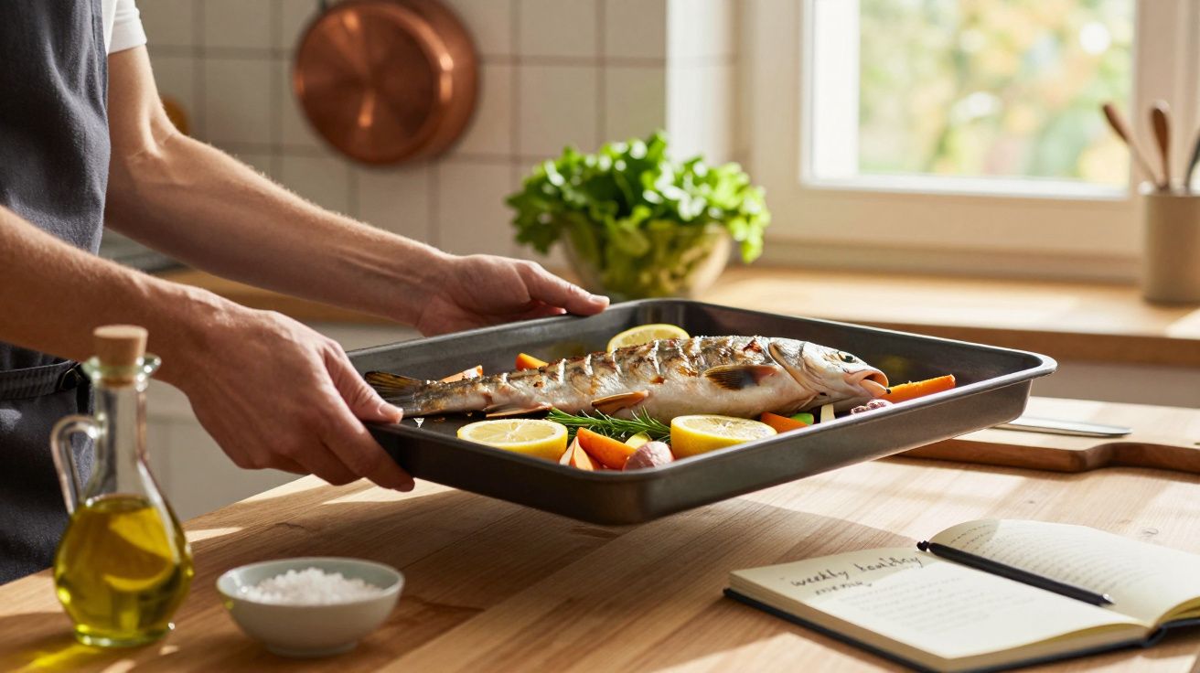 Pessoa a segurar tabuleiro com peixe assado, legumes e limão numa cozinha luminosa.