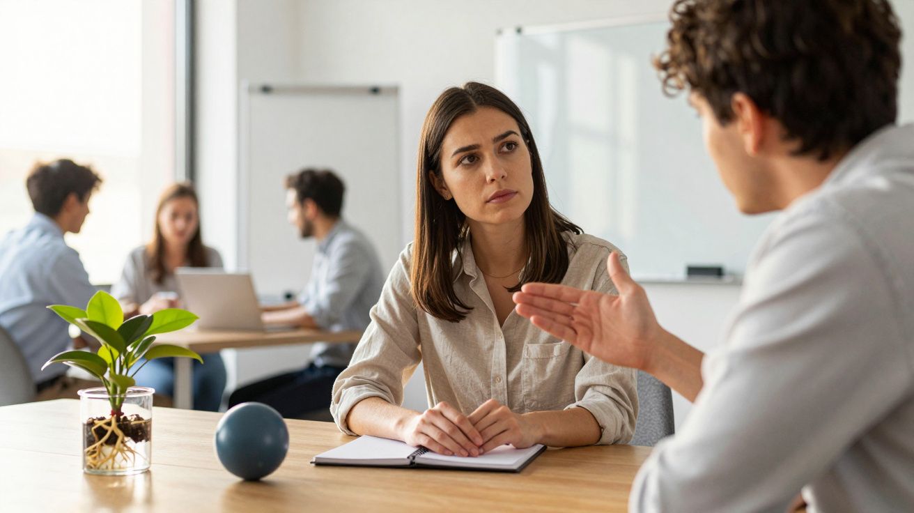 Jovens adultos sentados à mesa em reunião de trabalho, com mulher a ouvir atentamente um colega.