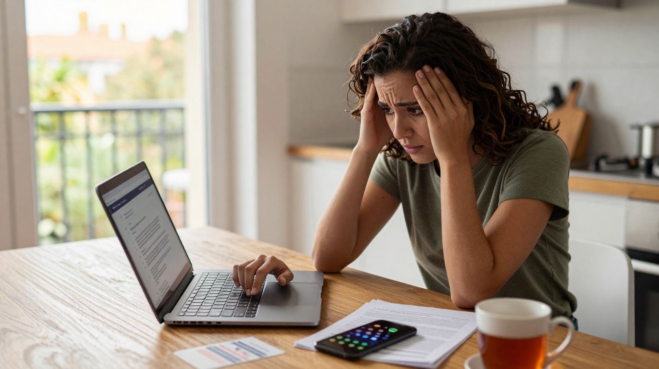 Mulher sentada à mesa com expressão preocupada a usar computador portátil numa cozinha.