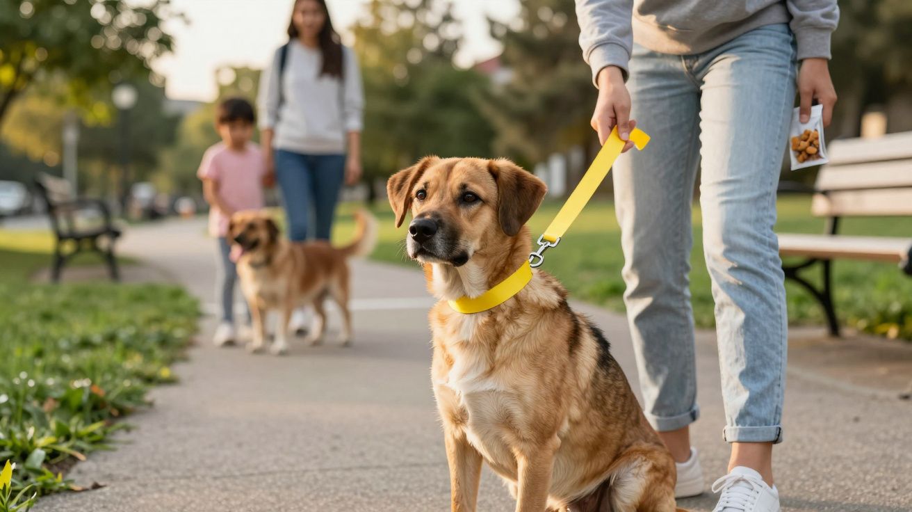 Pessoa a passear um cão castanho com trela amarela num parque, com duas pessoas e outro cão ao fundo.