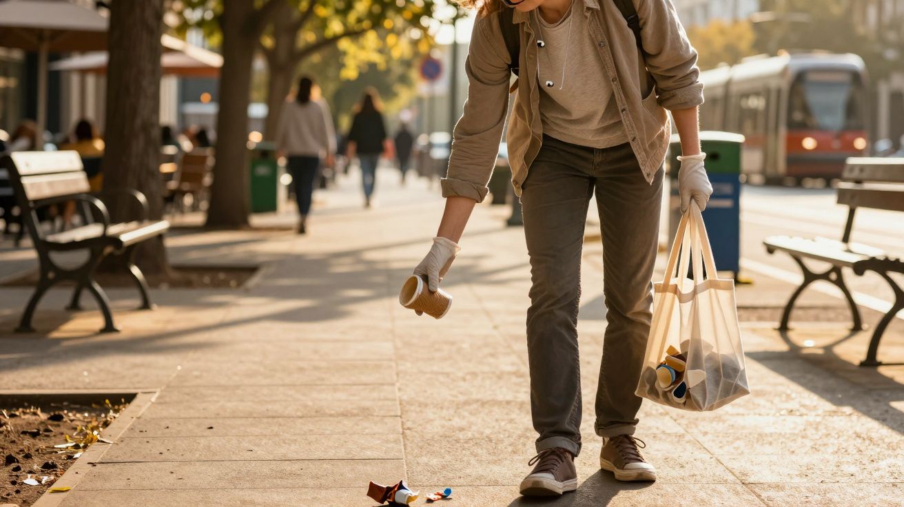 Pessoa a apanhar lixo no passeio urbano numa tarde ensolarada, com autocarro ao fundo.