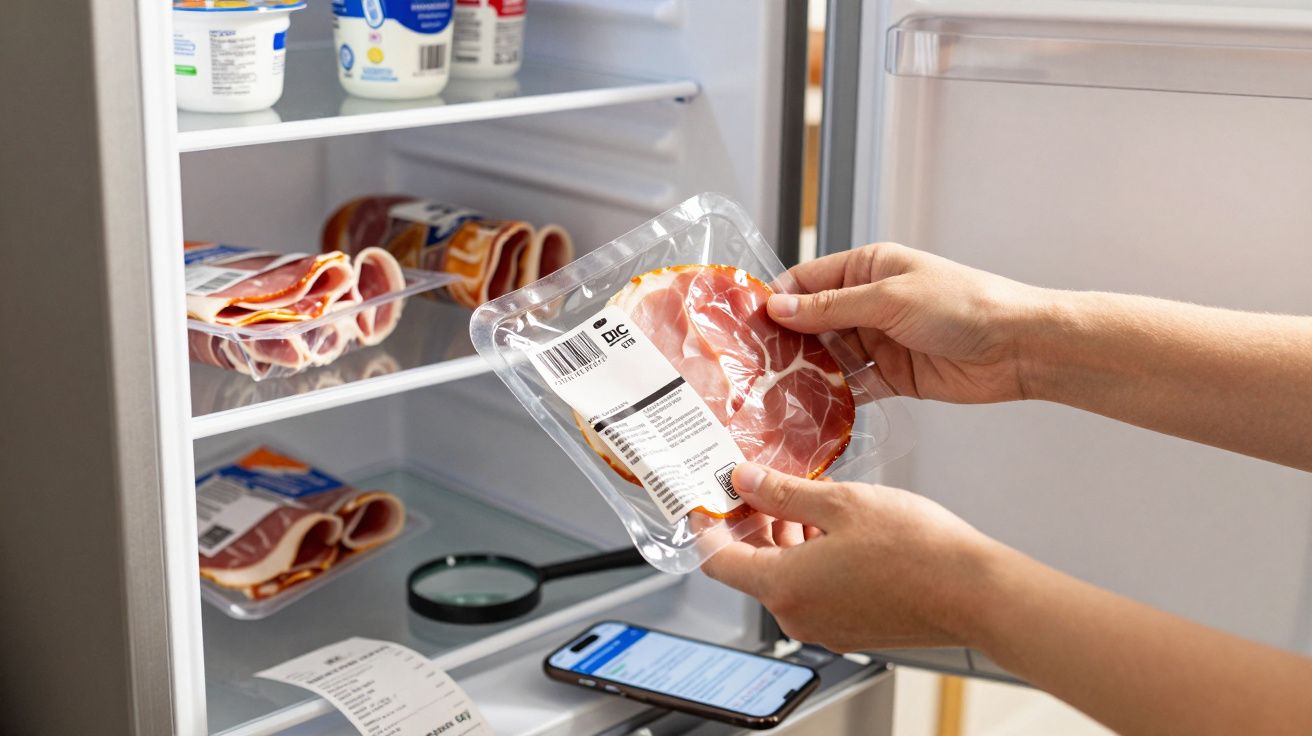 Mãos seguram embalagem de fiambre diante de frigorífico com vários fiambres, telefone e lupa no interior.