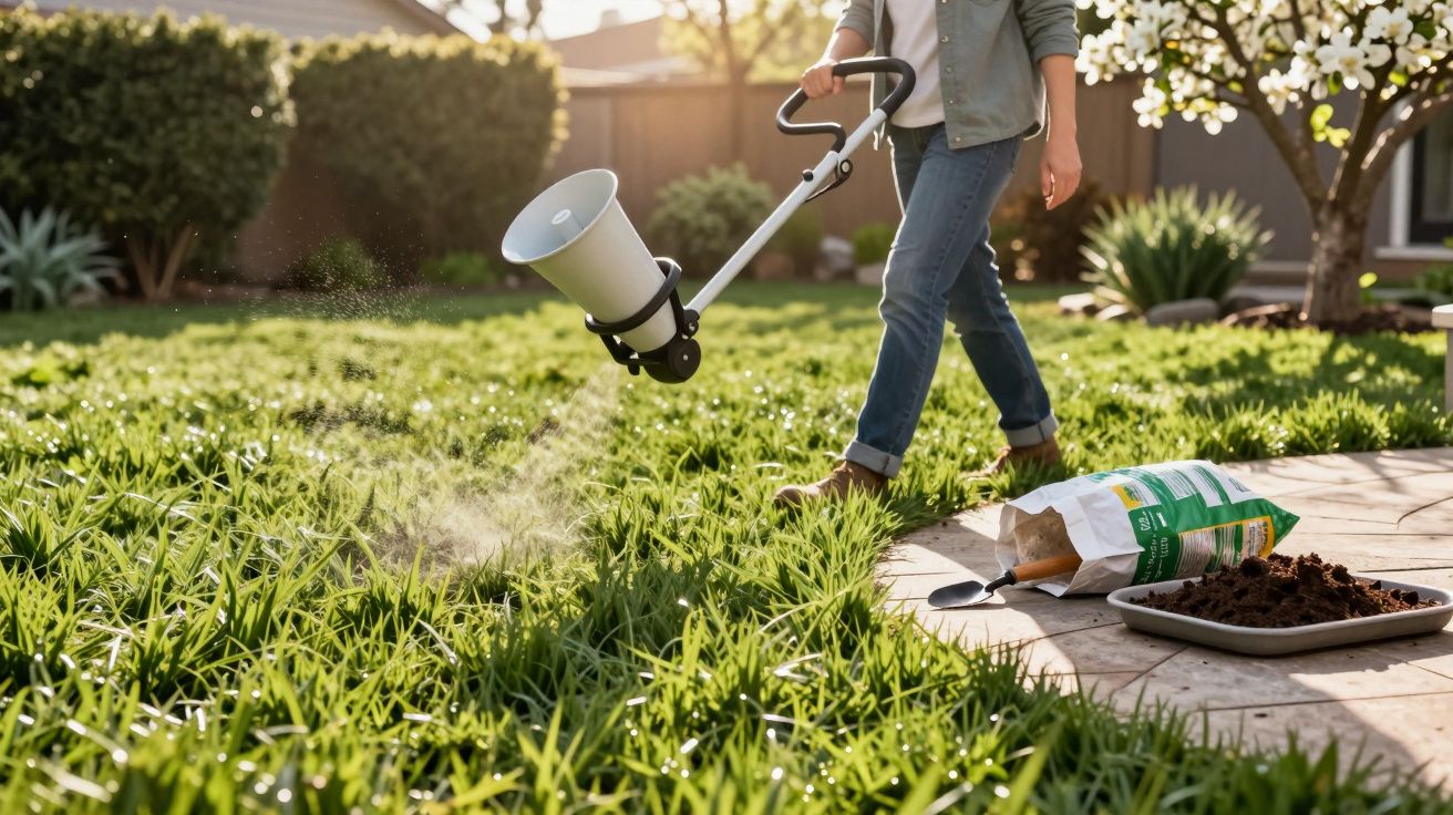 Pessoa a aplicar fertilizante líquido ao relvado num jardim ensolarado, com saco de produtos de jardinagem ao lado.