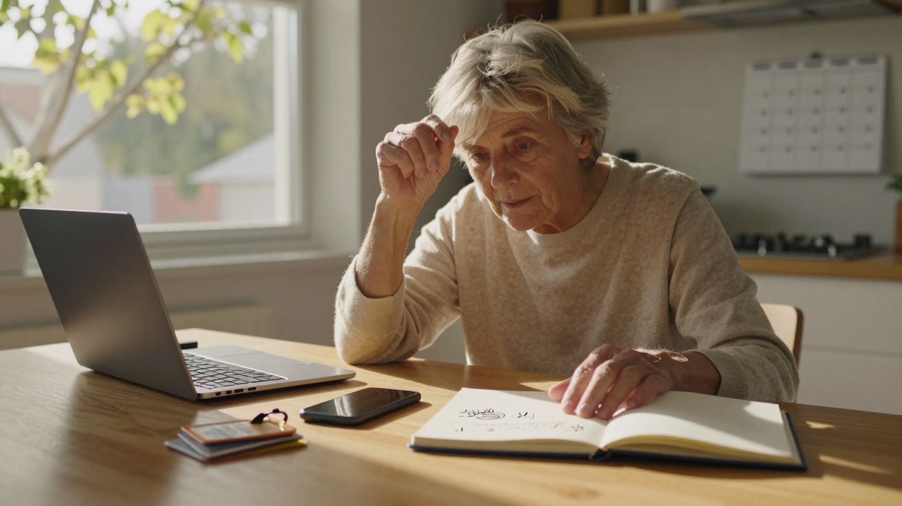 Mulher idosa a estudar concentrada com um livro aberto e computador portátil numa mesa iluminada pela luz natural.