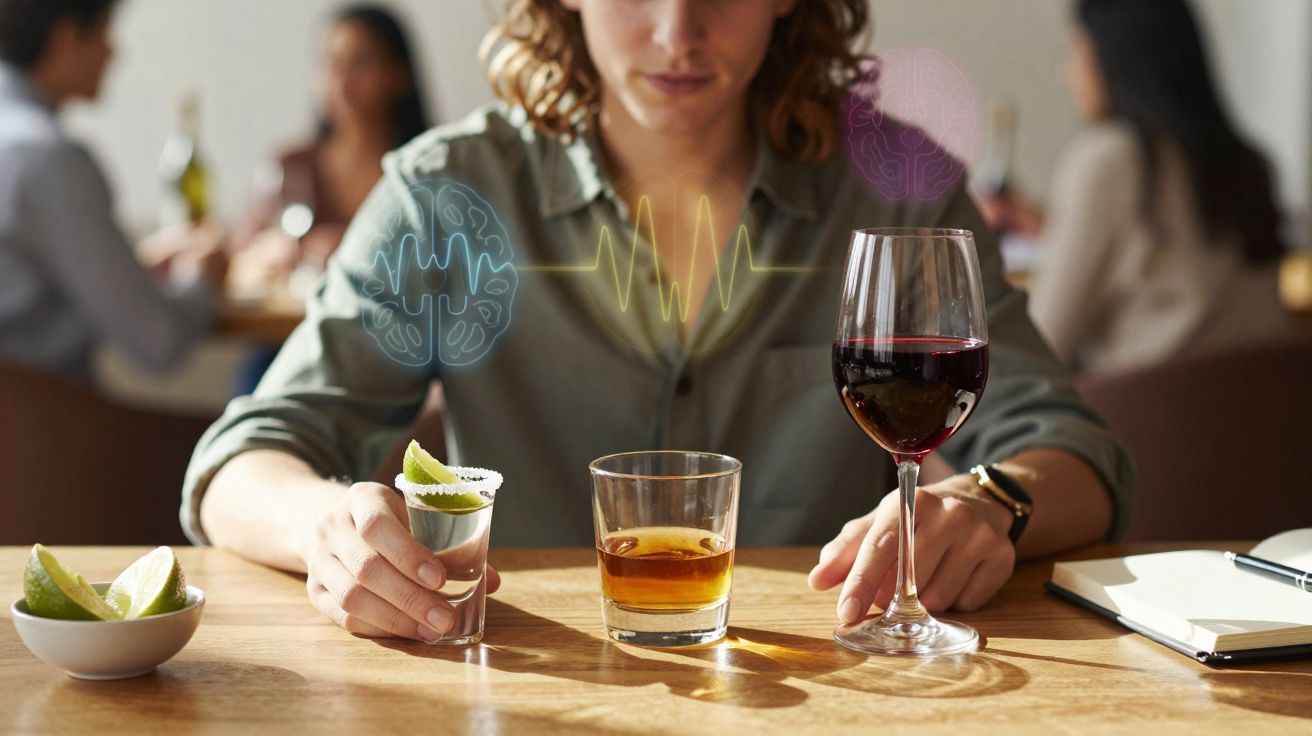 Pessoa a escolher entre diferentes bebidas alcoólicas num bar, com ícones de cérebro e pulsação ilustrados.
