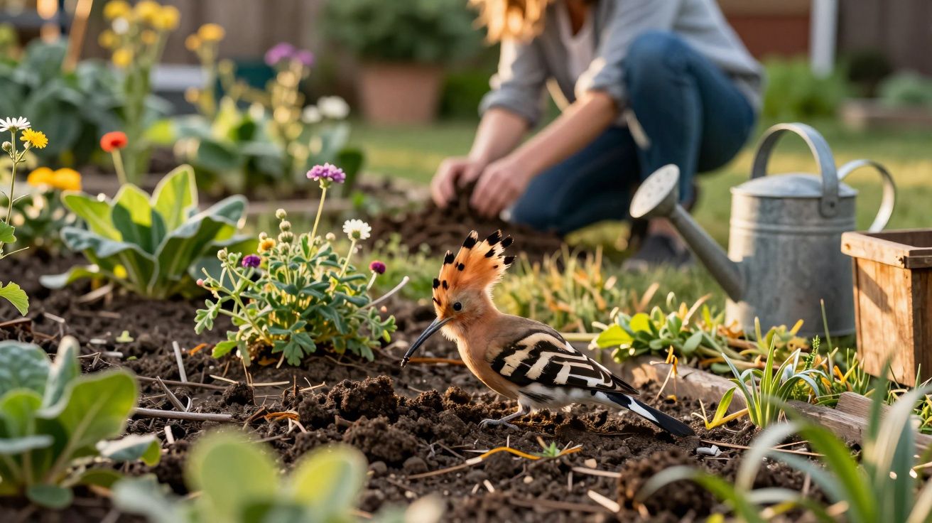 Pássaro chapim-laranja no jardim com flores e pessoa a cuidar das plantas ao fundo.