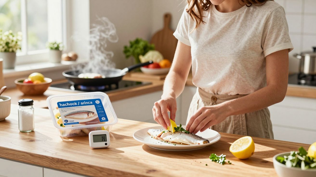Mulher a temperar peixe num prato numa cozinha moderna, com peixe embalado e temporizador ao lado.
