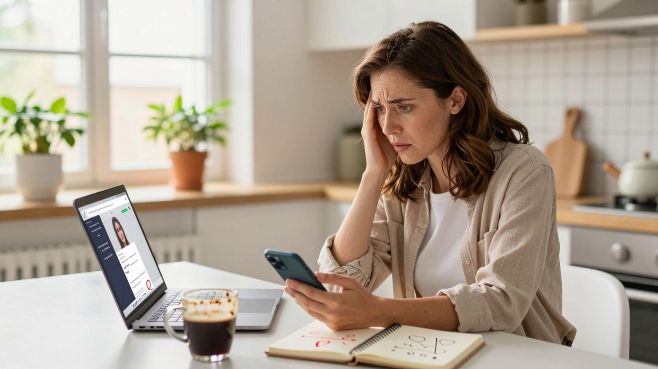 Mulher preocupada consulta telemóvel sentada numa mesa com portátil aberto e caderno numa cozinha iluminada.