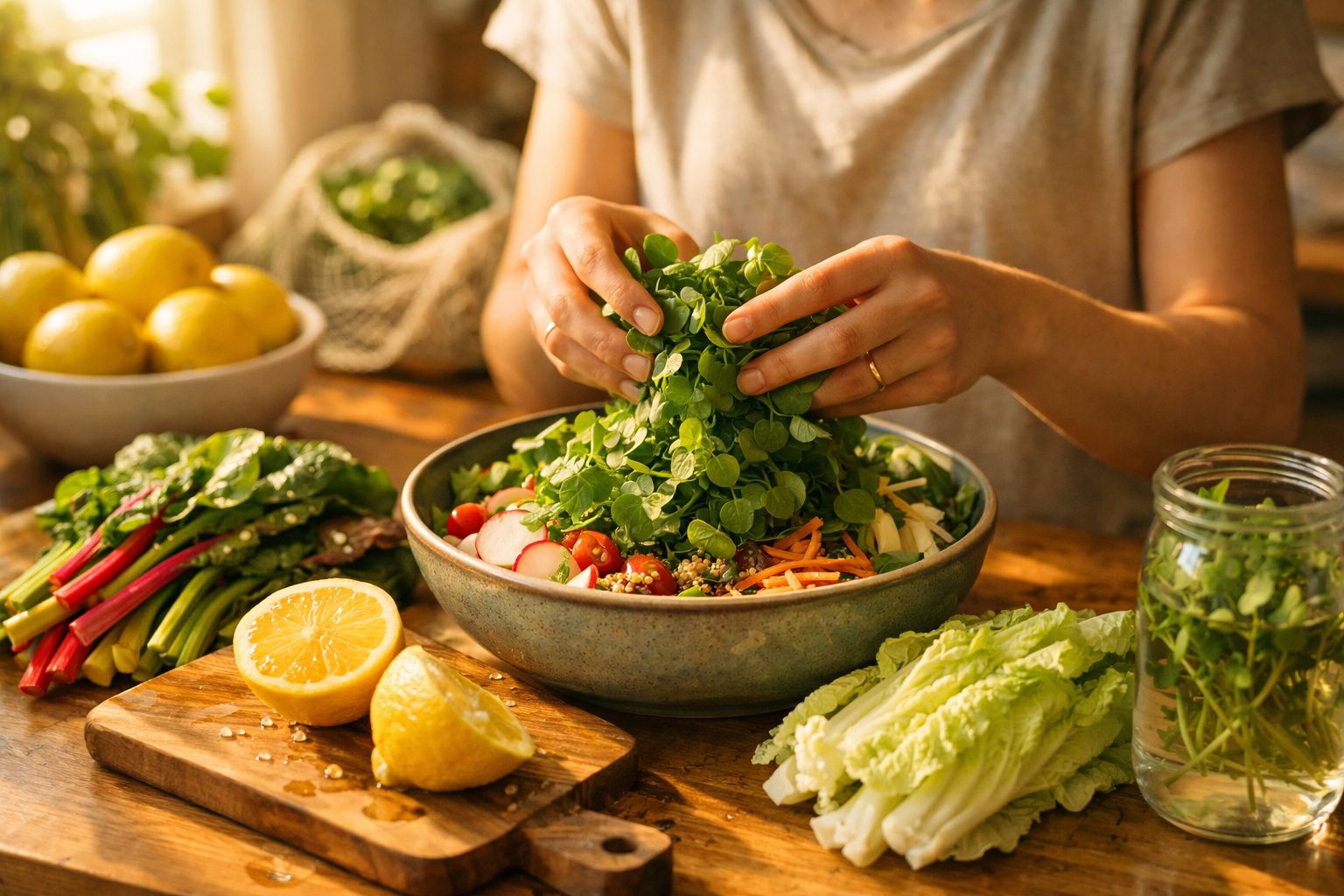 Pessoa a preparar uma salada fresca com legumes e ervas num ambiente acolhedor e iluminado.