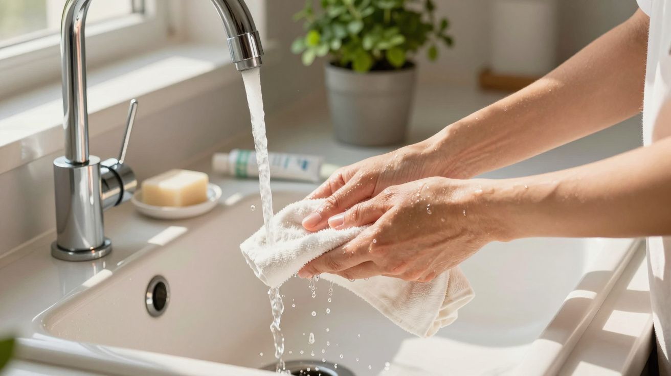 Mãos a lavar um pano branco numa pia, com água corrente, sabonete e planta ao fundo.