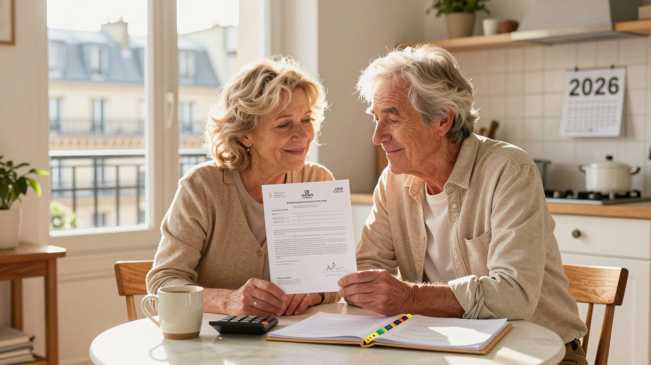 Casal sénior sentado à mesa da cozinha a analisar documentos com calculadora e caderno.