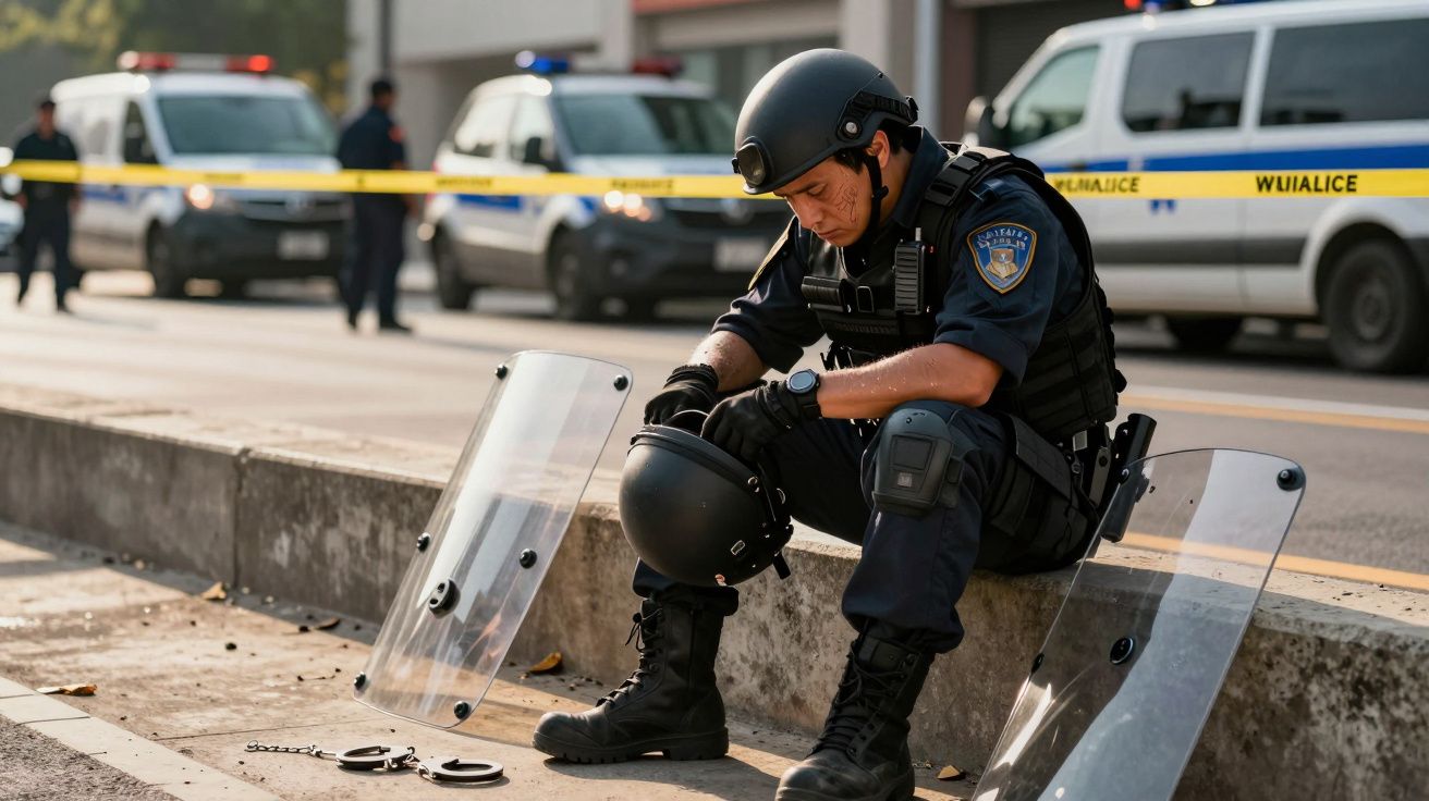 Polícia sentado, cansado, com capacete na mão e escudos de proteção na rua, viaturas policiais ao fundo.