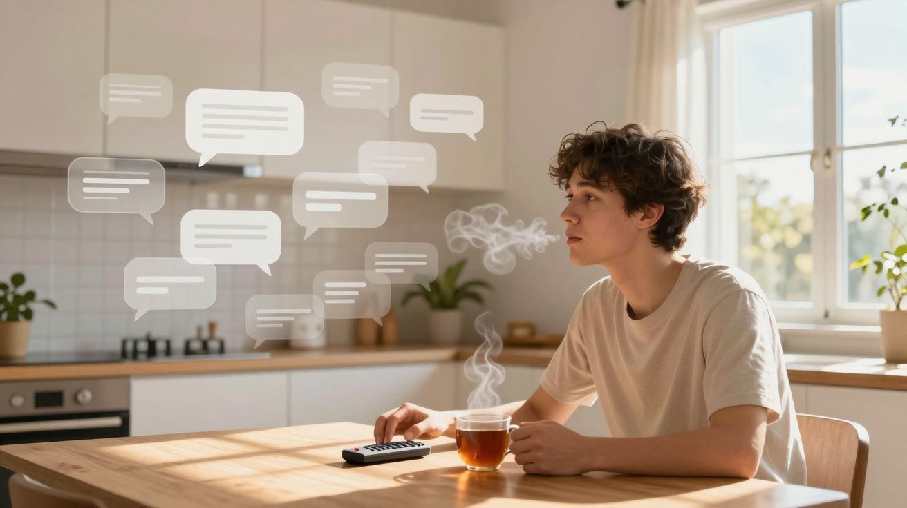 Jovem sentado à mesa com chá quente, rodeado por balões de diálogo digital, numa cozinha iluminada.