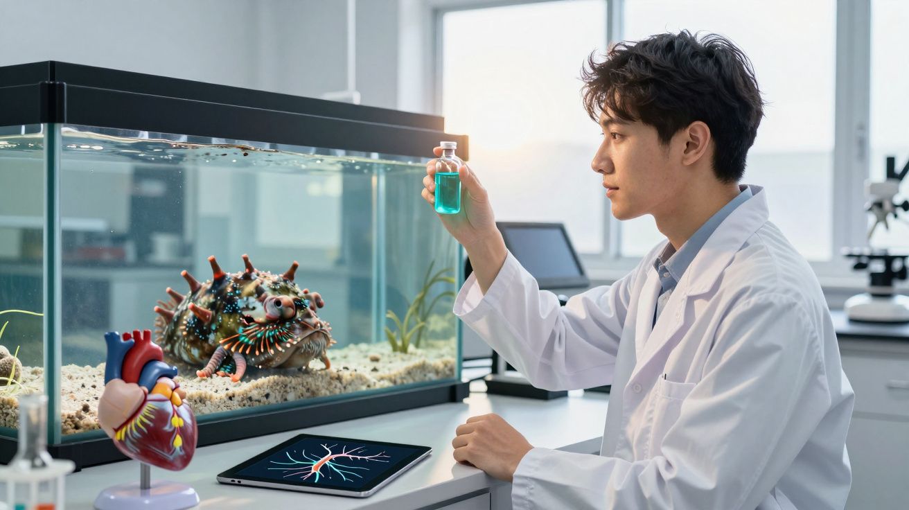 Cientista em laboratório observa frasco com líquido azul junto a tanque com peixe exótico e modelos de coração e nervos.