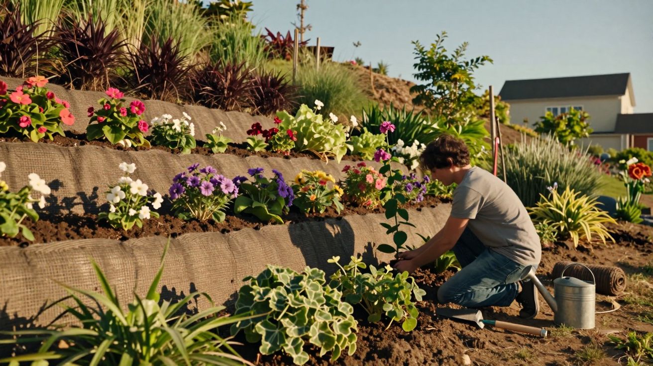 Homem a cuidar de flores coloridas num canteiro em terra inclinada sob céu azul claro.