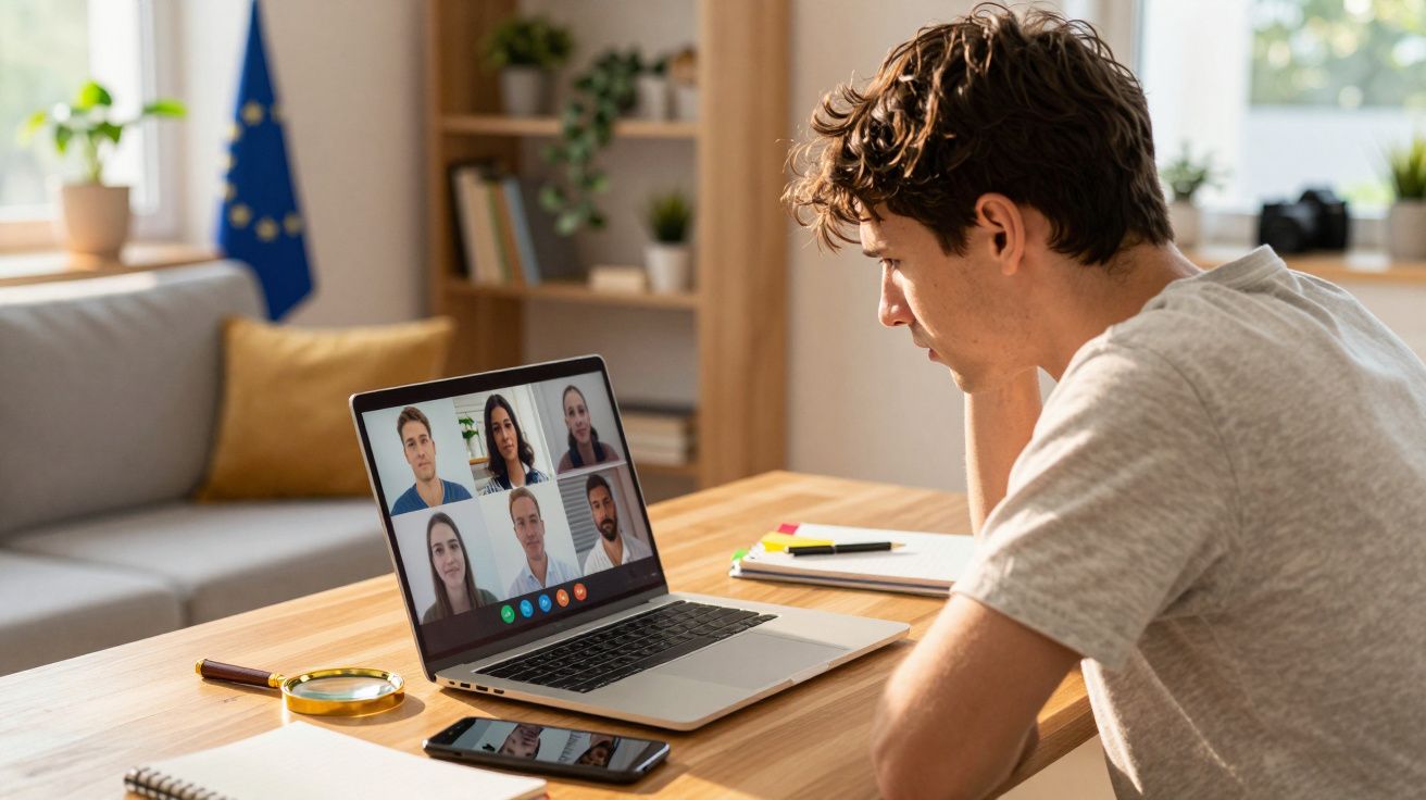 Homem a participar numa reunião virtual com seis colegas numa sala de estar iluminada.