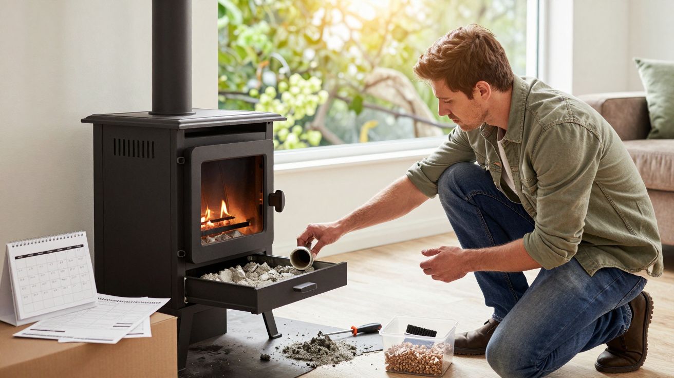 Homem a abastecer lareira a lenha com pellets num ambiente doméstico iluminado.