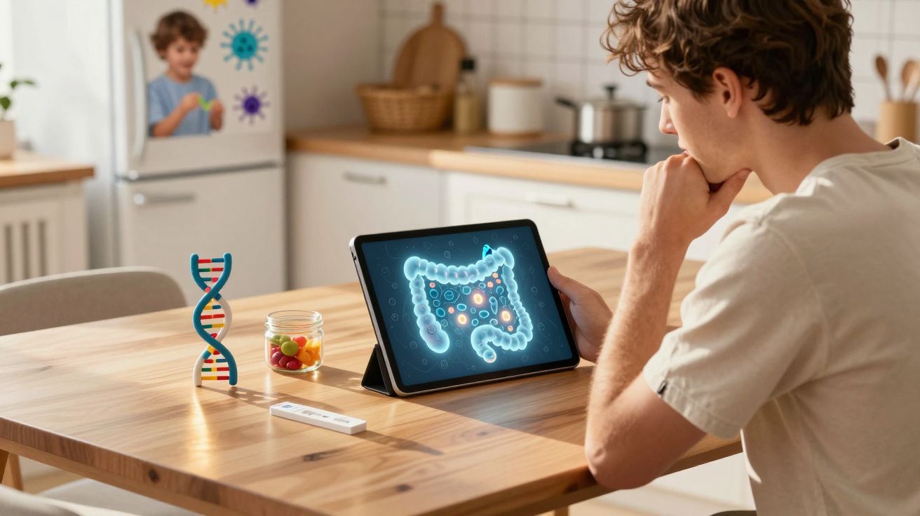 Homem sentado numa cozinha a analisar imagem digital do intestino num tablet sobre mesa de madeira.