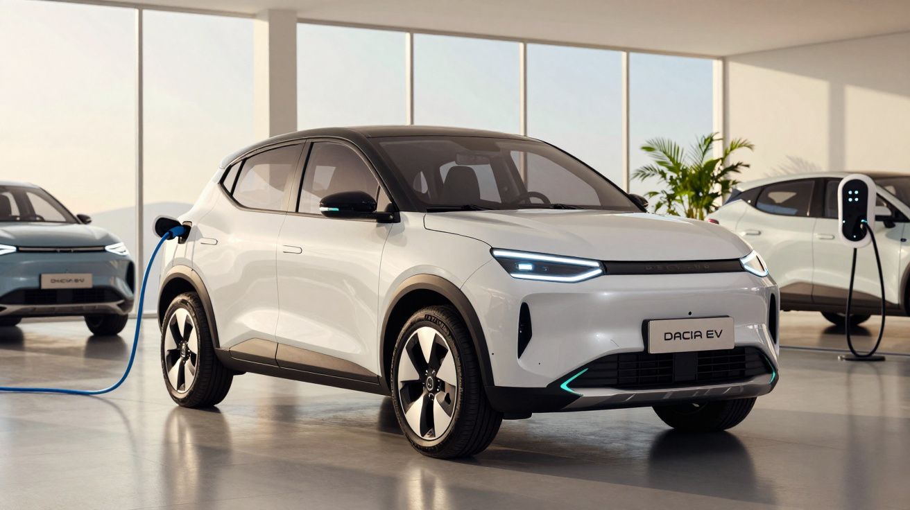 Carro elétrico Dacia EV branco a ser carregado numa estação de carregamento interior moderna.