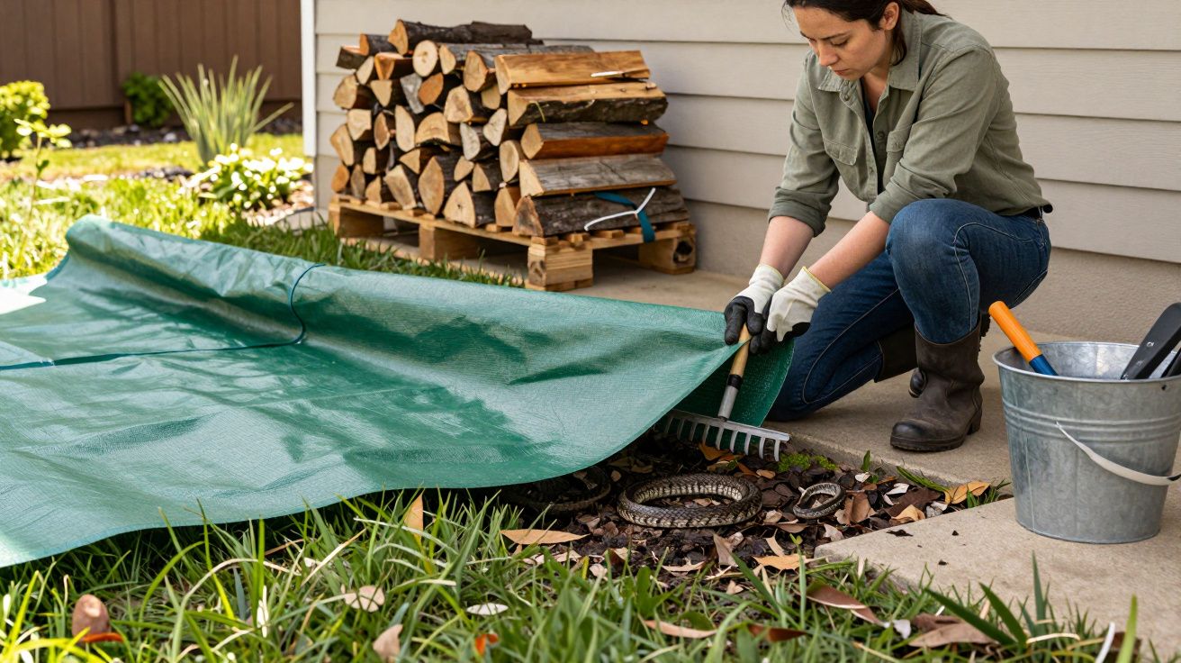 Mulher a limpar folhas secas do jardim junto a casa com ancinho, lona verde e lenha empilhada.