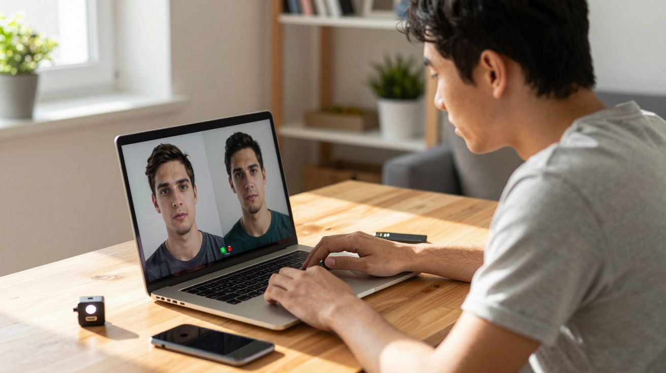 Pessoa a participar numa videochamada com duas pessoas no ecrã do portátil numa mesa de madeira iluminada.