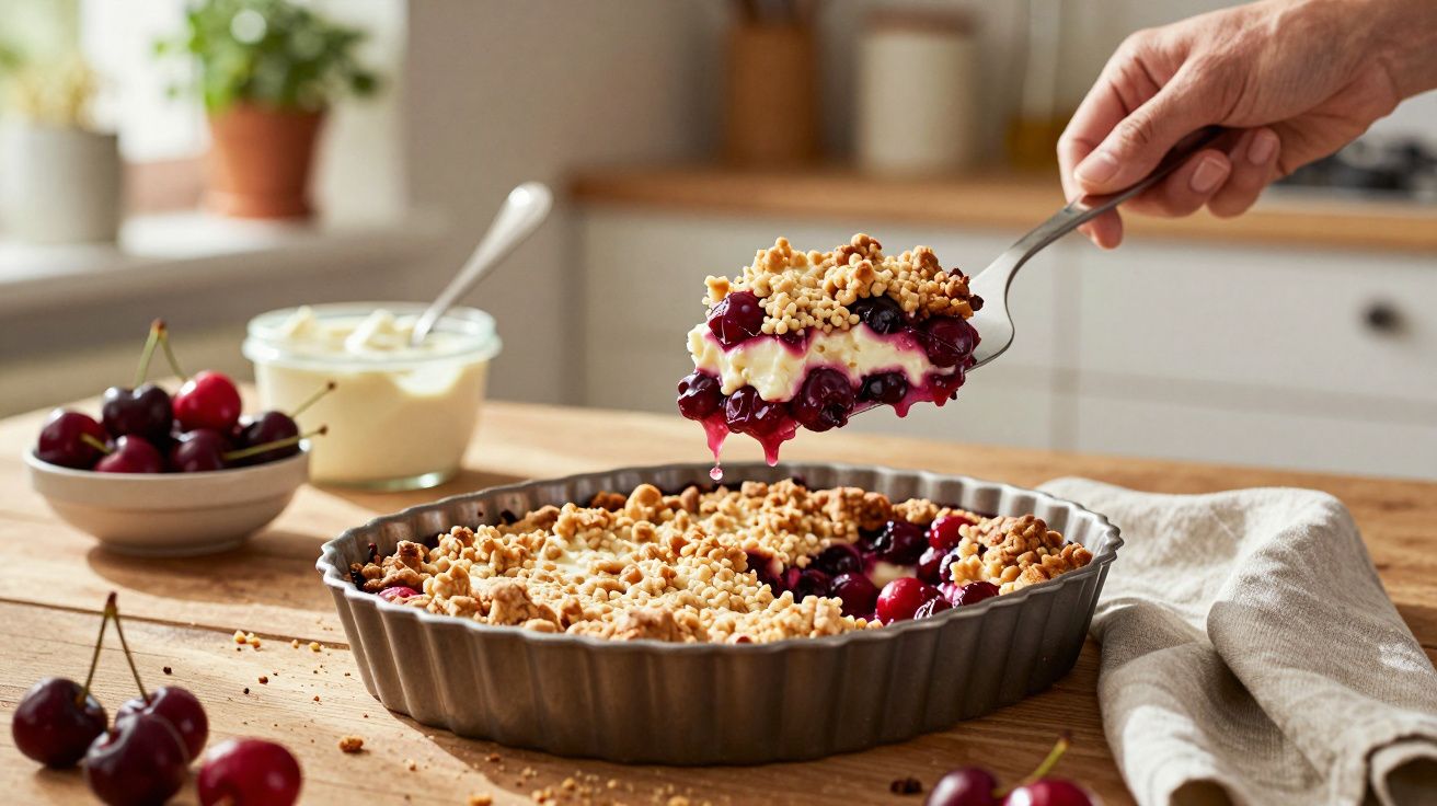 Colher a servir tarte caseira de cereja com crumble num tabuleiro num ambiente de cozinha.