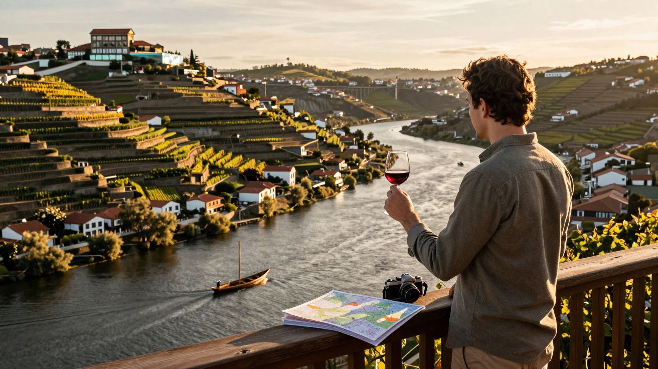 Homem de costas a apreciar vinho tinto numa vinha com vista para o rio e barco ao pôr do sol.