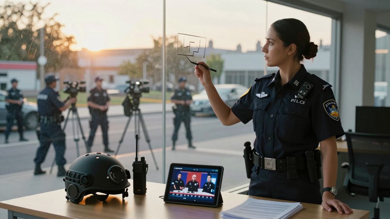 Polícia feminina desenha estratégia num vidro, com capacete, rádio e mesa digital com vídeo de três agentes.