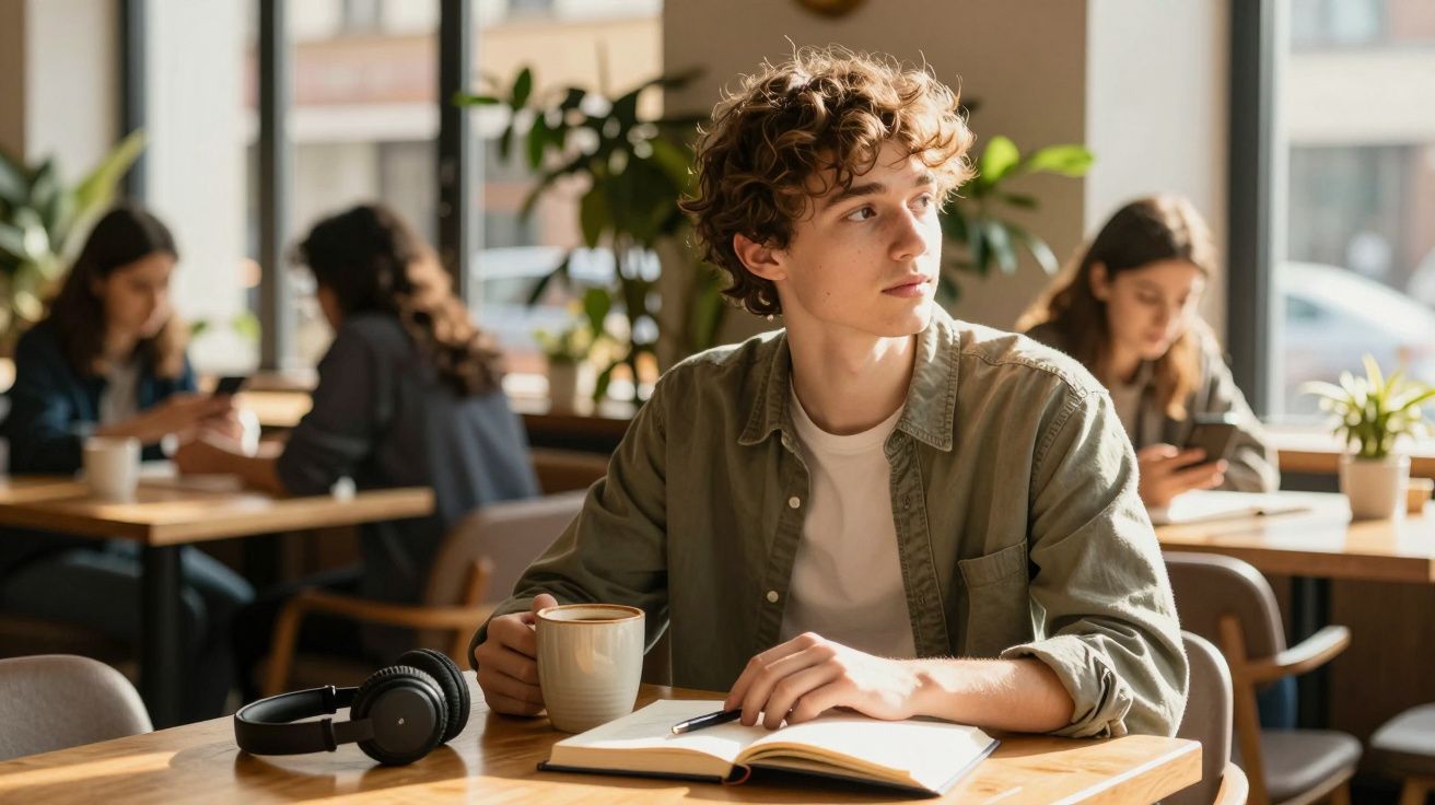 Jovem sentado num café com uma caneca, caderno aberto e auscultadores na mesa, olhando para o lado.